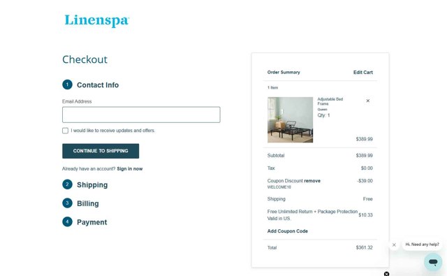 Linenspa checkout page showing Linenspa promo code box | Screenshot taken by SimplyCodes community member on Jul 19, 2025