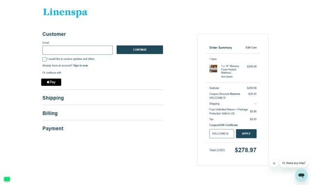 Linenspa checkout page showing Linenspa promo code box | Screenshot taken by SimplyCodes community member on Aug 29, 2025