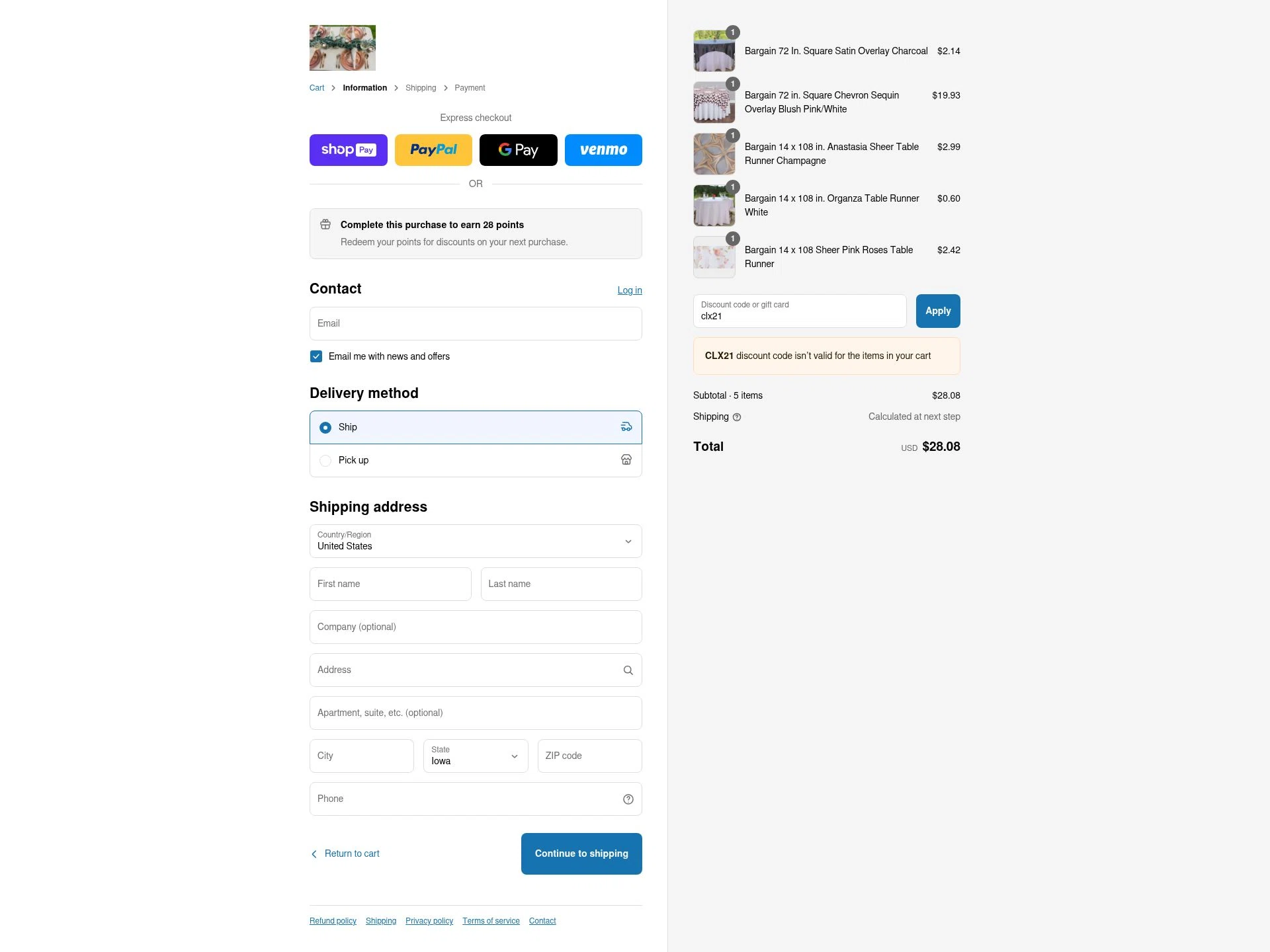 LinenTablecloth checkout page showing LinenTablecloth discount code box | Screenshot taken by SimplyCodes community member on Aug 7, 2025