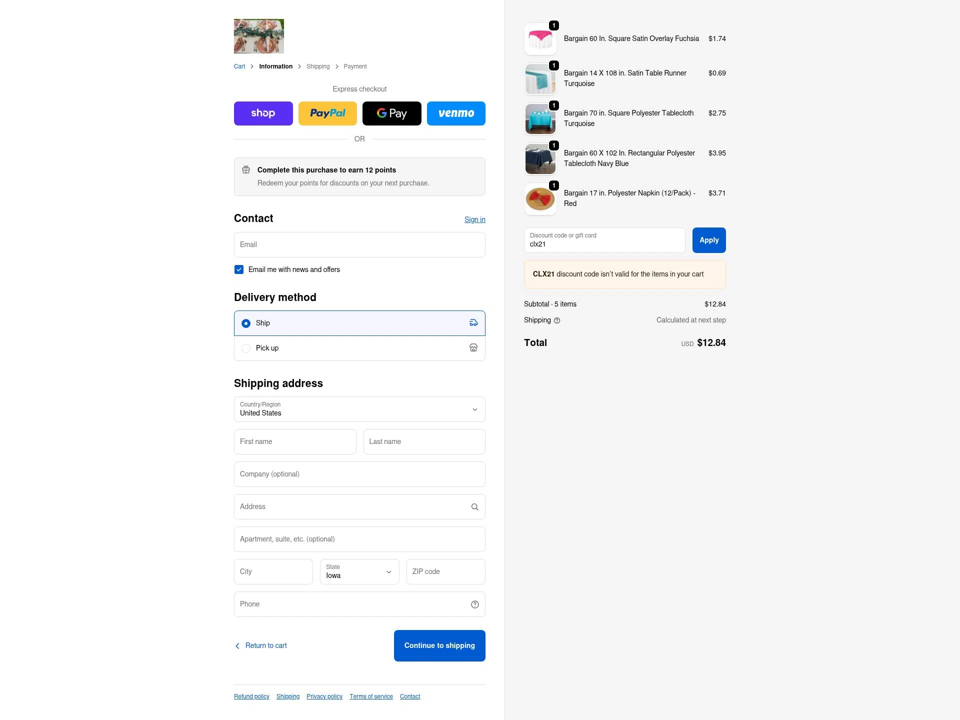 LinenTablecloth checkout page showing LinenTablecloth discount code box | Screenshot taken by SimplyCodes community member on Sep 18, 2025