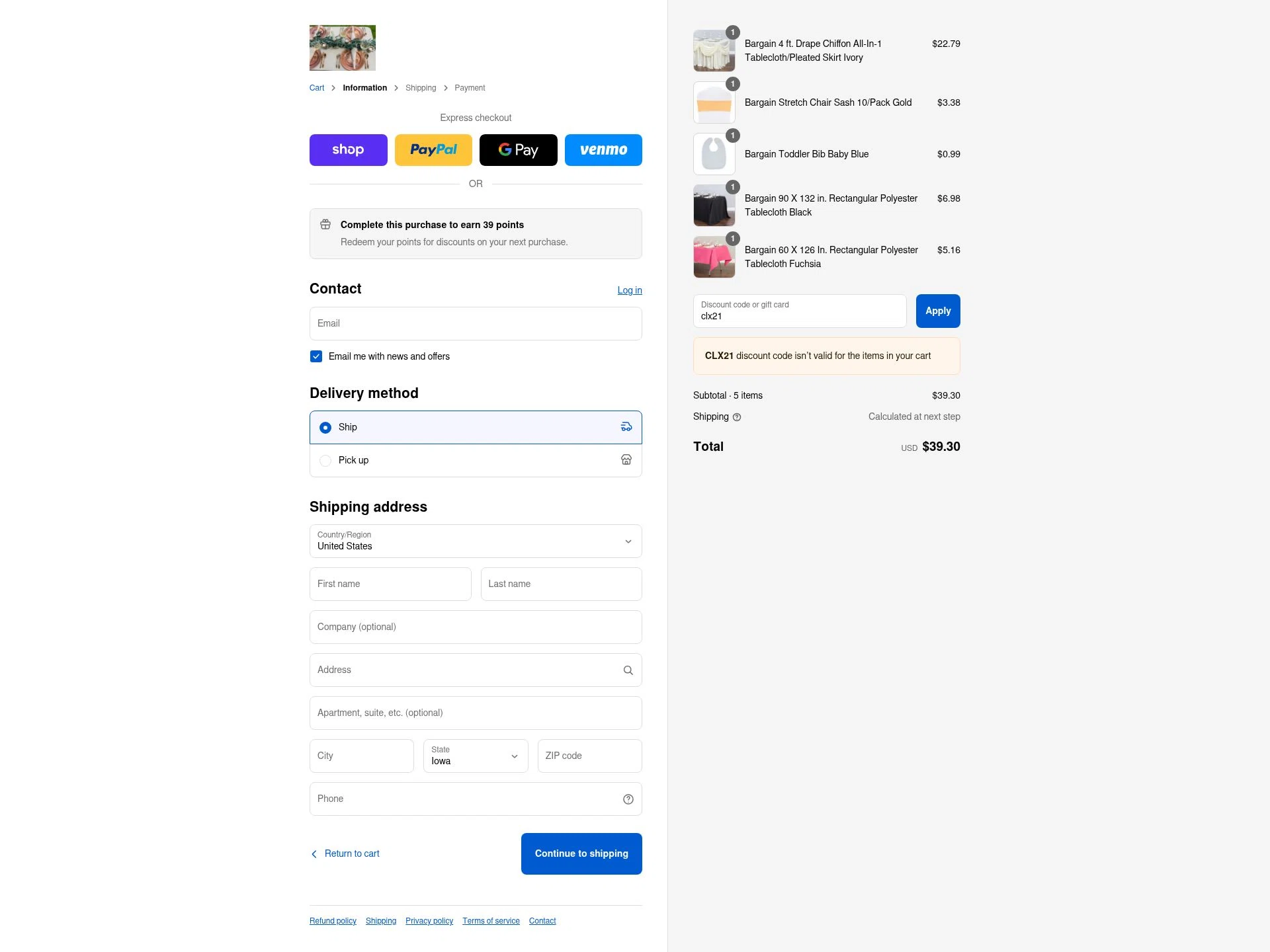 LinenTablecloth checkout page showing LinenTablecloth discount code box | Screenshot taken by SimplyCodes community member on Sep 2, 2025