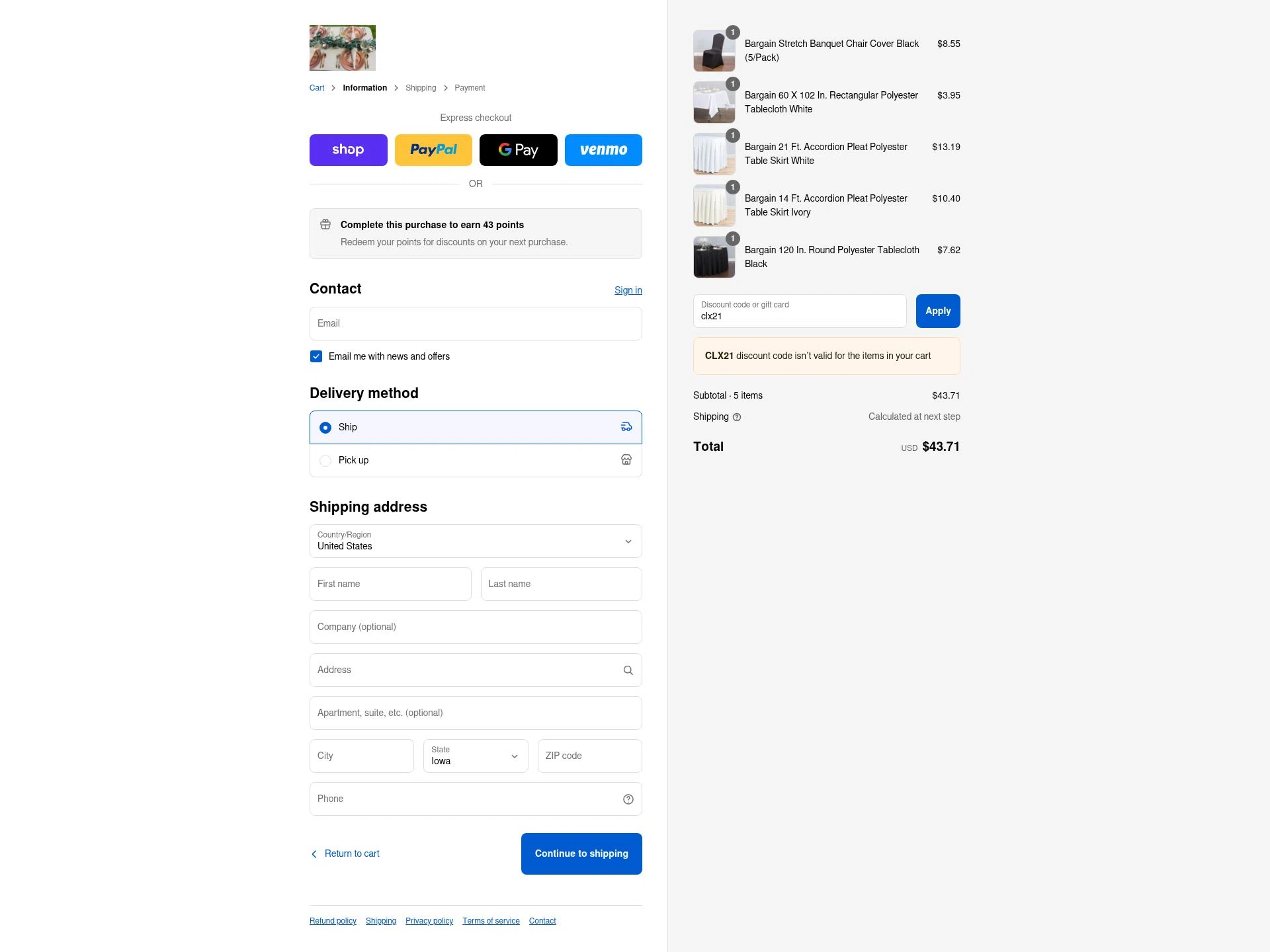 LinenTablecloth checkout page showing LinenTablecloth discount code box | Screenshot taken by SimplyCodes community member on Sep 10, 2025