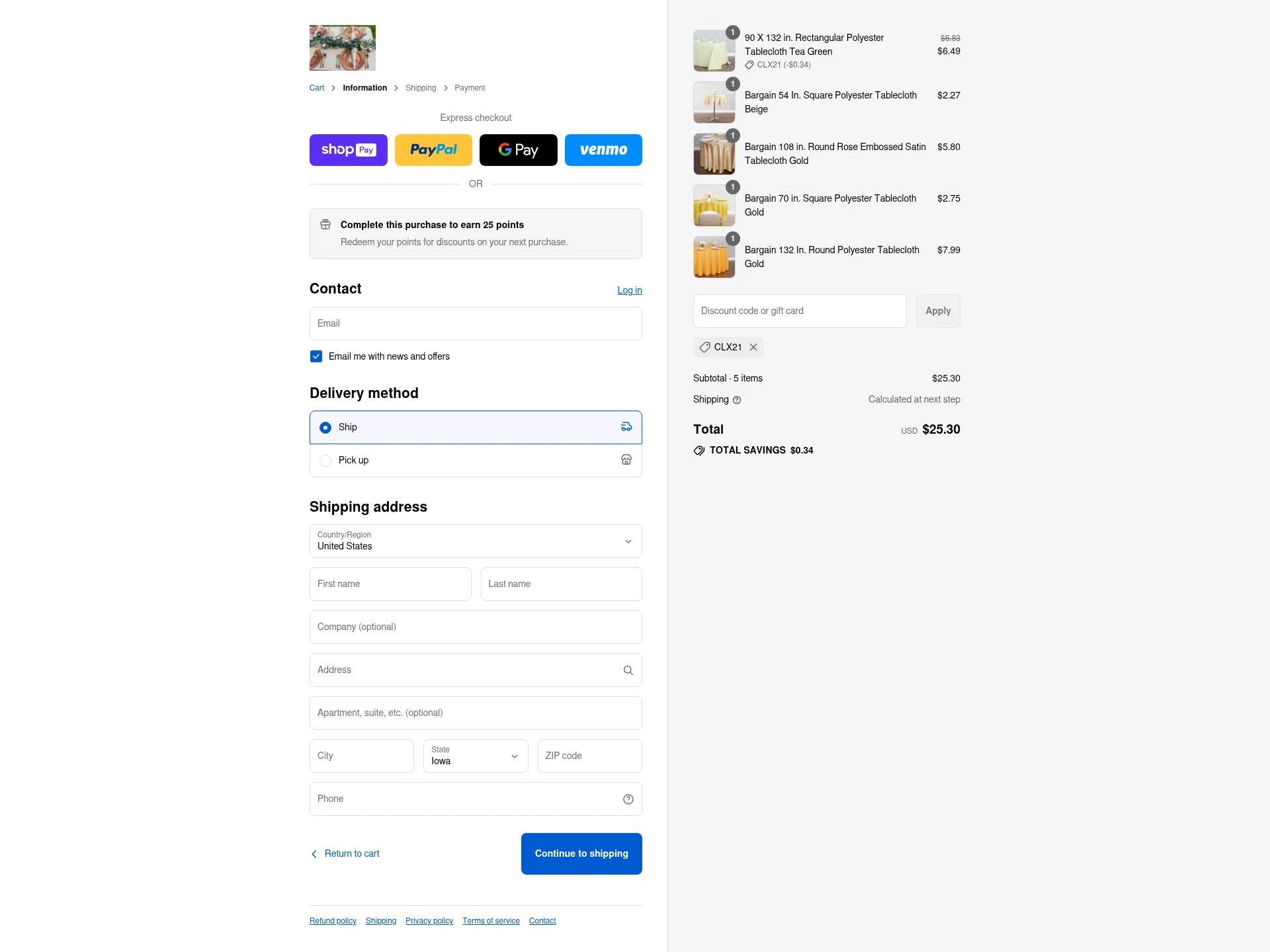 LinenTablecloth checkout page showing LinenTablecloth discount code box | Screenshot taken by SimplyCodes community member on Aug 20, 2025