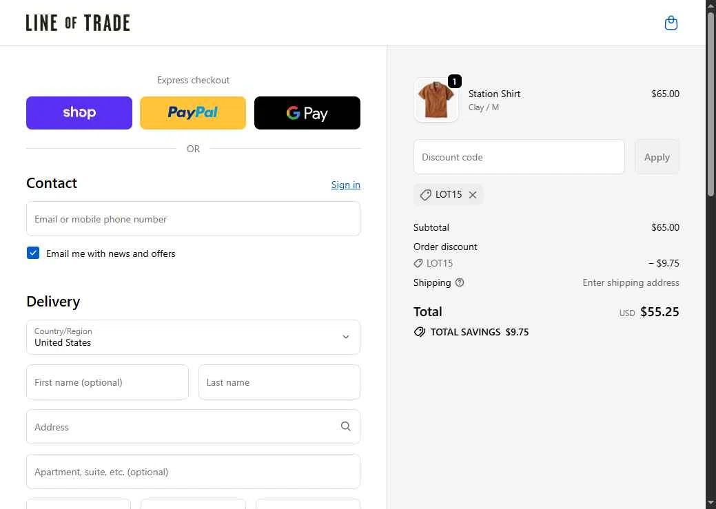 Line of Trade checkout page showing Line of Trade discount code box | Screenshot taken by SimplyCodes community member on Dec 5, 2025