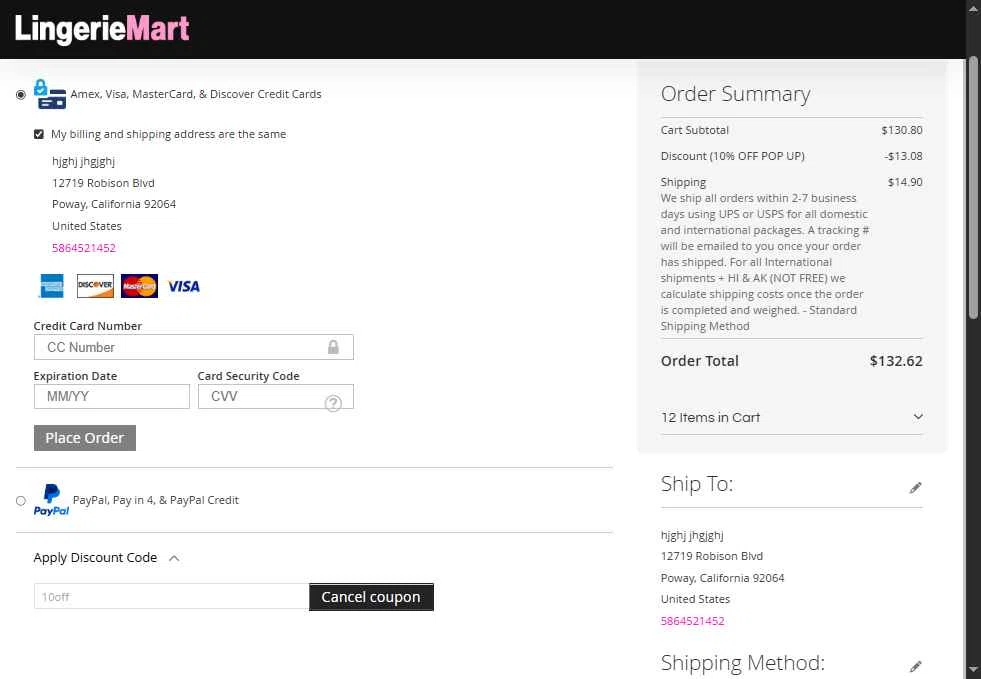 Lingerie Mart checkout page showing Lingerie Mart promo code box | Screenshot taken by SimplyCodes community member on Sep 25, 2025