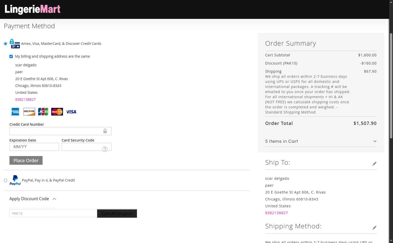 Lingerie Mart checkout page showing Lingerie Mart promo code box | Screenshot taken by SimplyCodes community member on Jun 5, 2025