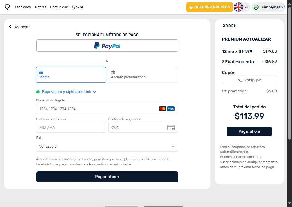 LingQ checkout page showing LingQ promo code box | Screenshot taken by SimplyCodes community member on Oct 27, 2025