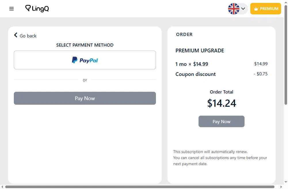 LingQ checkout page showing LingQ promo code box | Screenshot taken by SimplyCodes community member on Dec 20, 2025