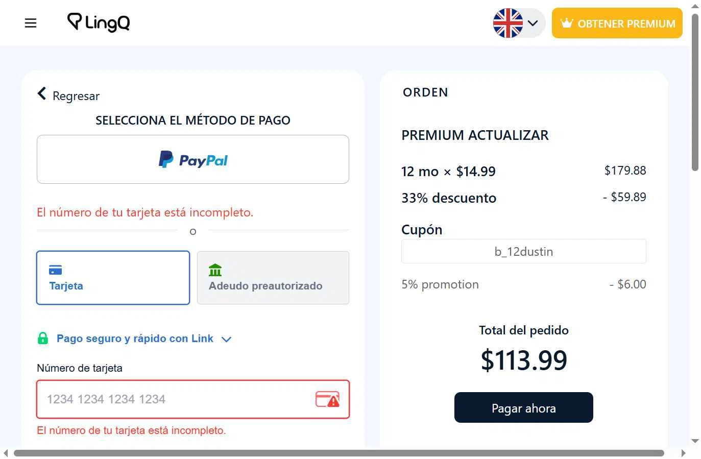 LingQ checkout page showing LingQ promo code box | Screenshot taken by SimplyCodes community member on Feb 7, 2026