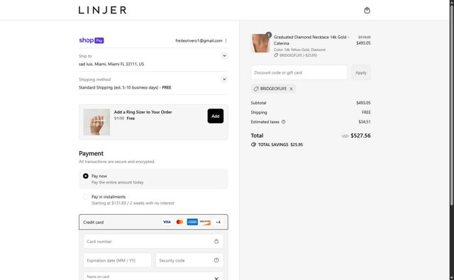 Linjer checkout page showing Linjer discount code box | Screenshot taken by SimplyCodes community member on Aug 27, 2025