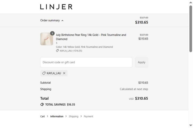 Linjer checkout page showing Linjer discount code box | Screenshot taken by SimplyCodes community member on Aug 24, 2025