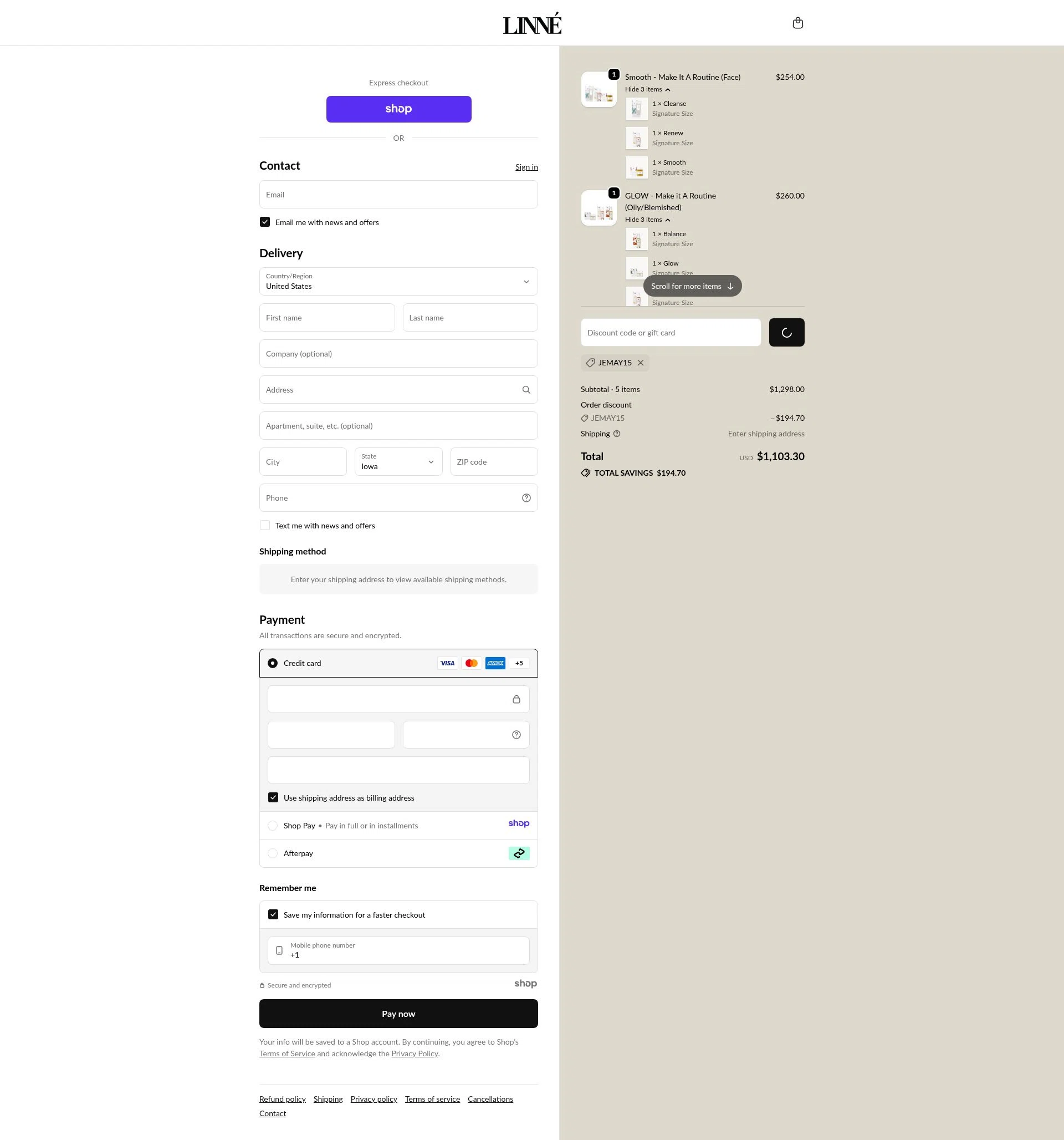 Linné Botanicals checkout page showing Linné Botanicals promo code box | Screenshot taken by SimplyCodes community member on Dec 31, 2025