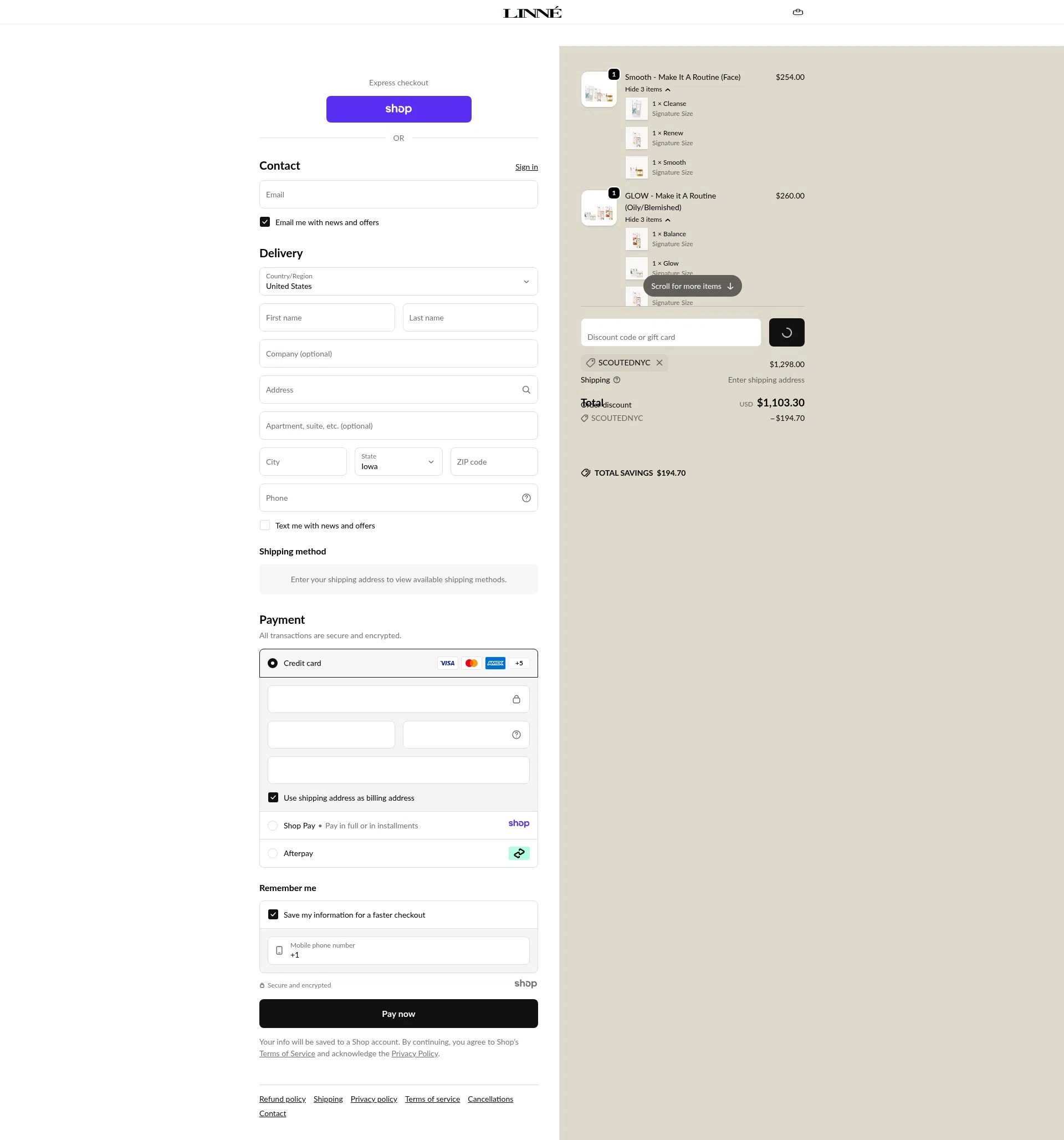Linné Botanicals checkout page showing Linné Botanicals promo code box | Screenshot taken by SimplyCodes community member on Dec 31, 2025