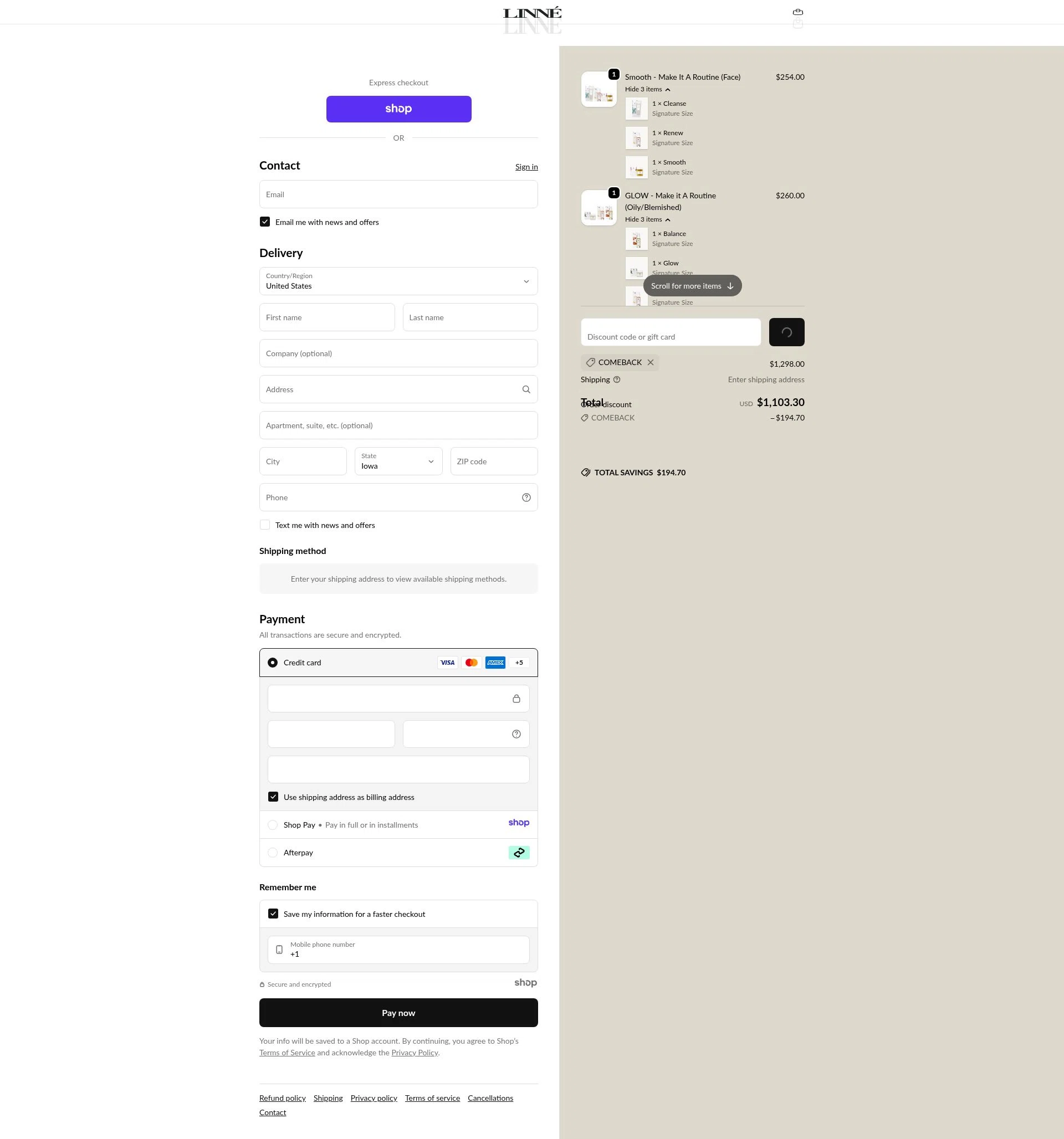 Linné Botanicals checkout page showing Linné Botanicals promo code box | Screenshot taken by SimplyCodes community member on Dec 31, 2025