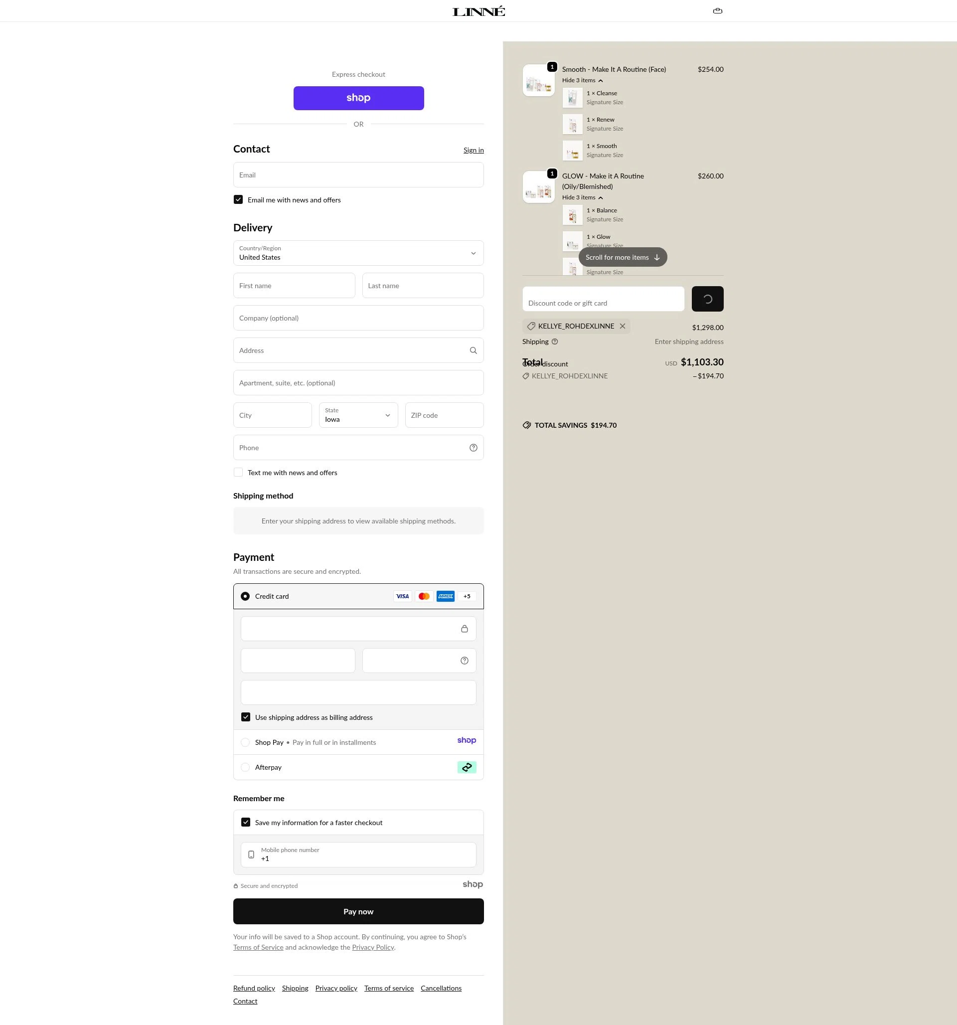 Linné Botanicals checkout page showing Linné Botanicals promo code box | Screenshot taken by SimplyCodes community member on Dec 31, 2025