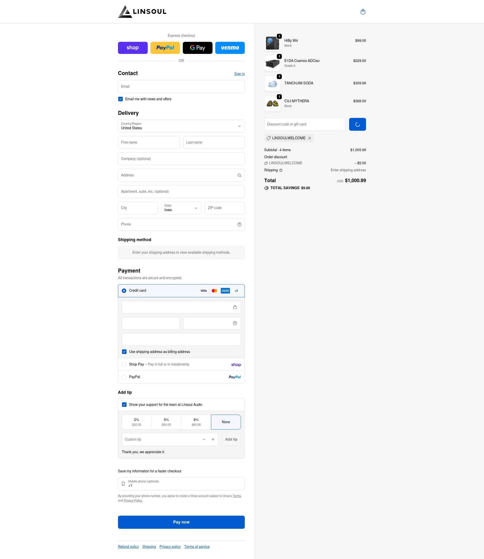 Linsoul Audio checkout page showing Linsoul Audio promo code box | Screenshot taken by SimplyCodes community member on Feb 7, 2026