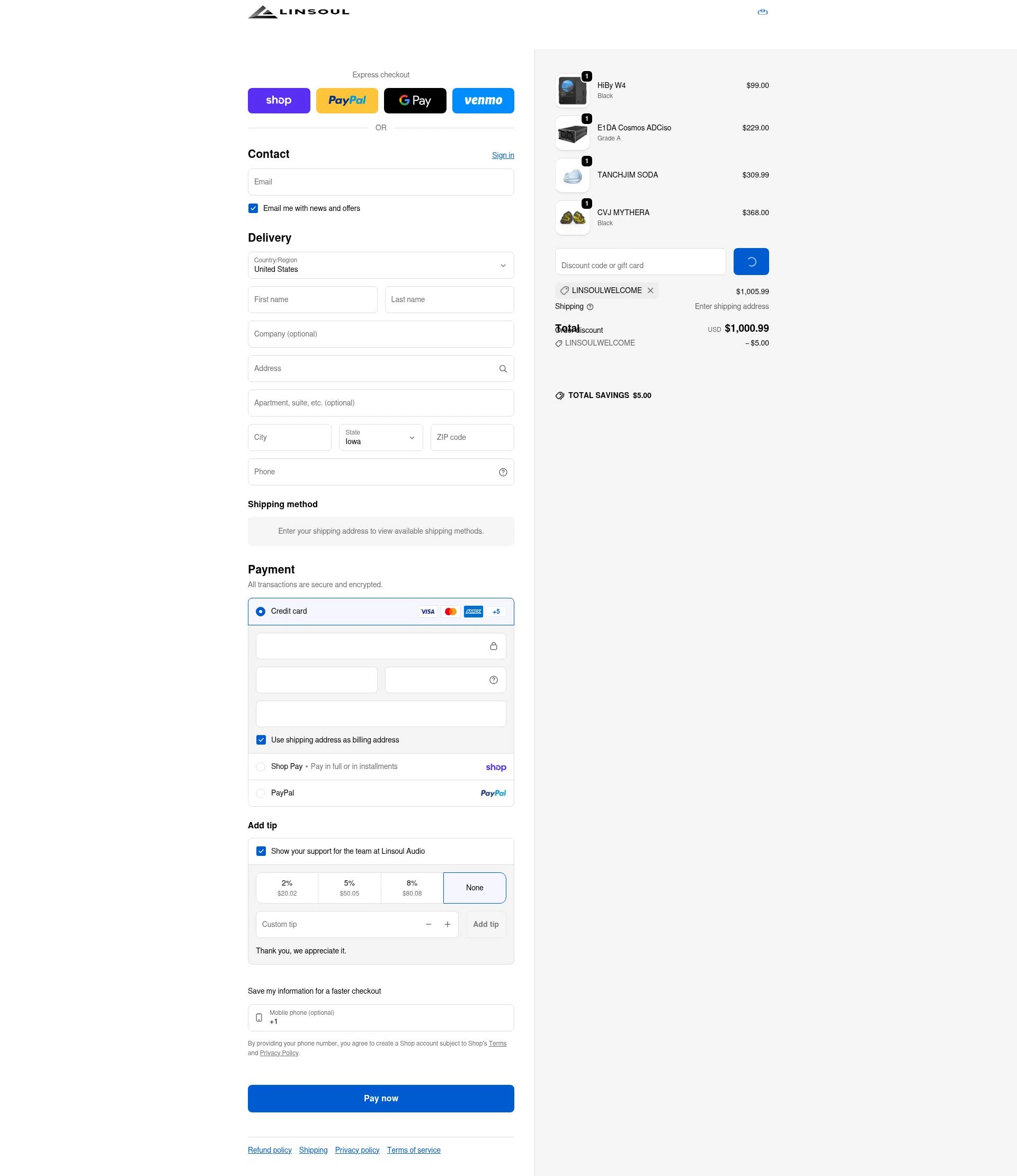 Linsoul Audio checkout page showing Linsoul Audio promo code box | Screenshot taken by SimplyCodes community member on Feb 3, 2026