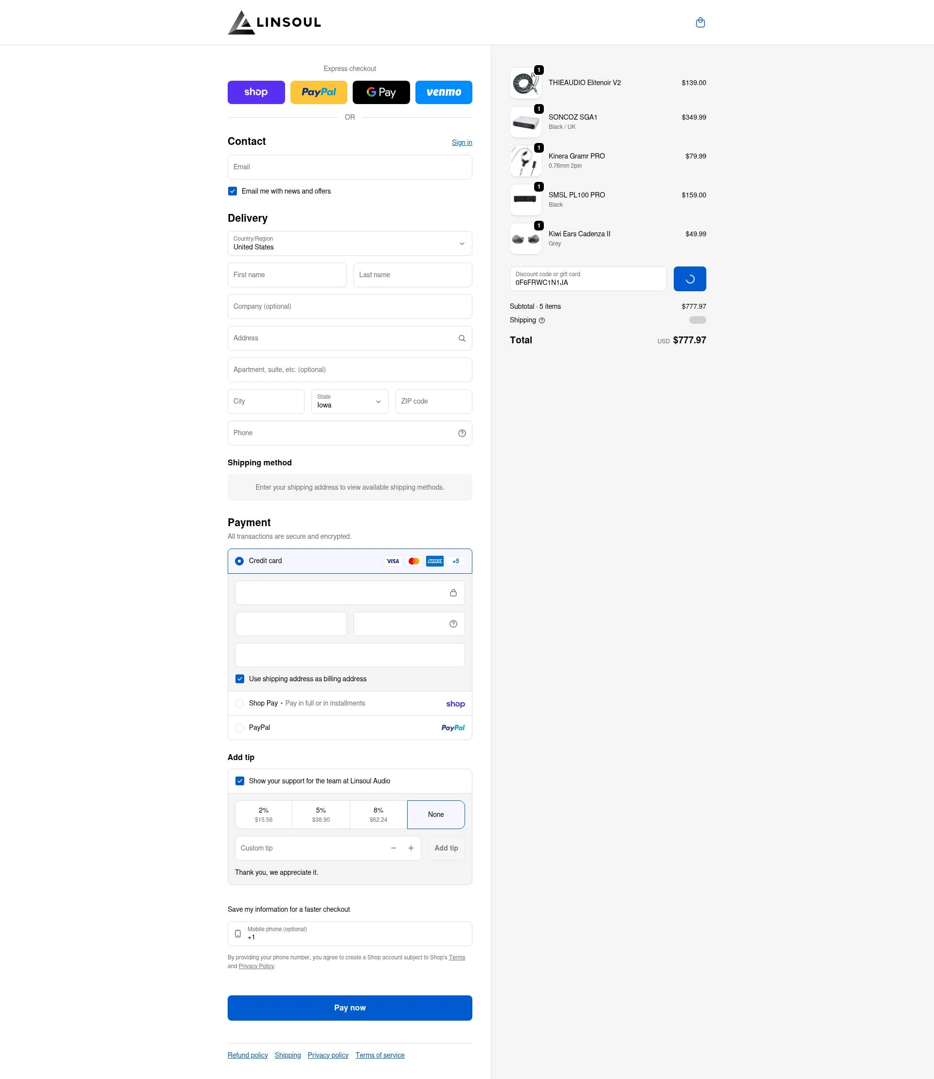 Linsoul Audio checkout page showing Linsoul Audio promo code box | Screenshot taken by SimplyCodes community member on Feb 11, 2026