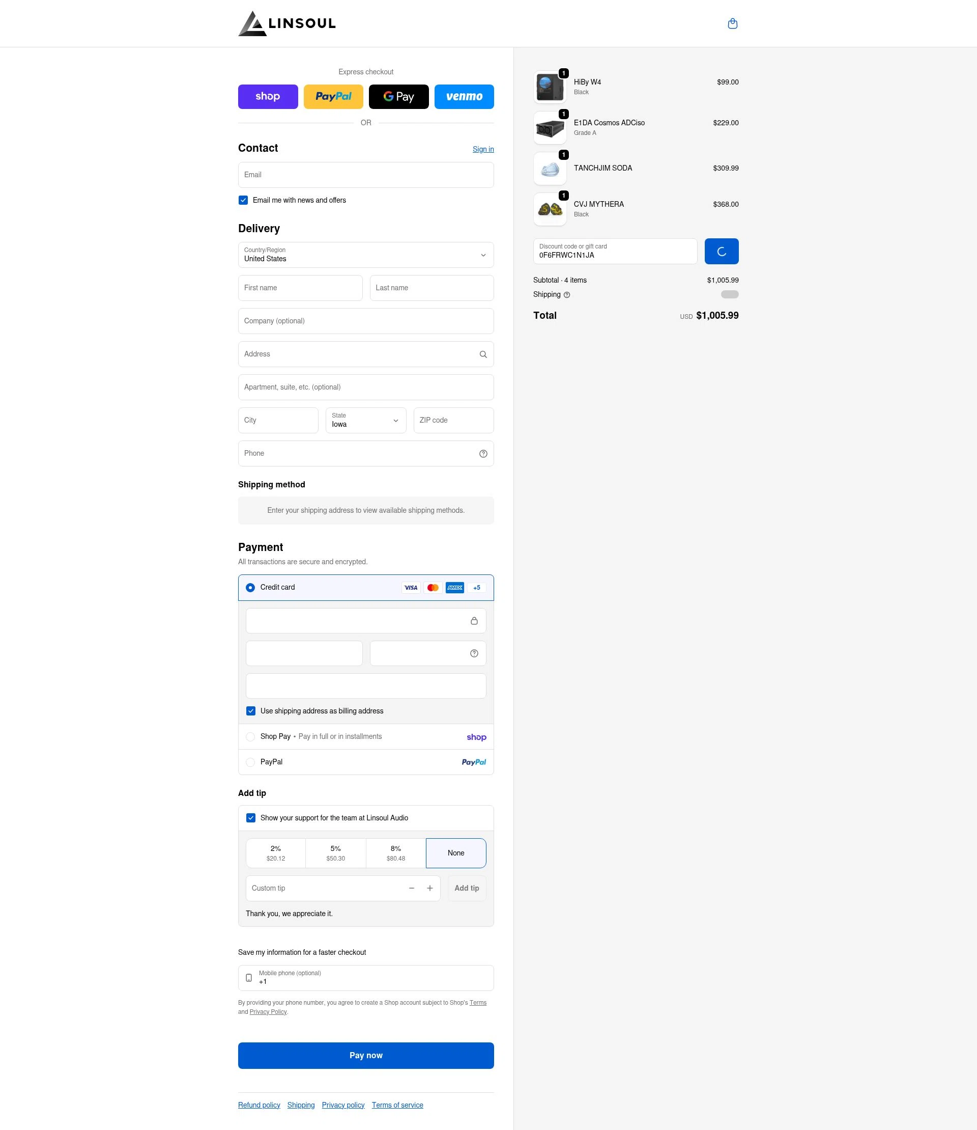 Linsoul Audio checkout page showing Linsoul Audio promo code box | Screenshot taken by SimplyCodes community member on Feb 3, 2026