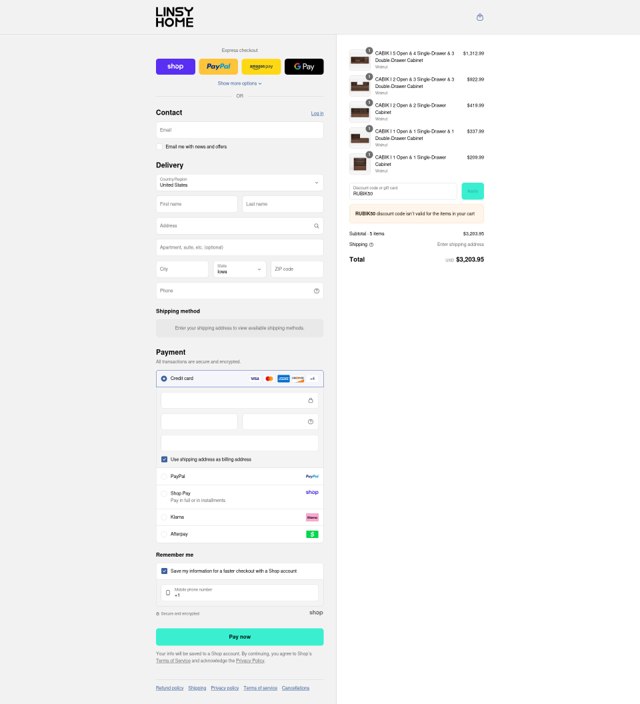 LINSY HOME checkout page showing LINSY HOME discount code box | Screenshot taken by SimplyCodes community member on Aug 30, 2025