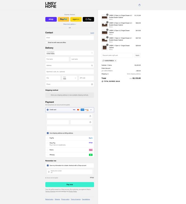 LINSY HOME checkout page showing LINSY HOME discount code box | Screenshot taken by SimplyCodes community member on Aug 30, 2025
