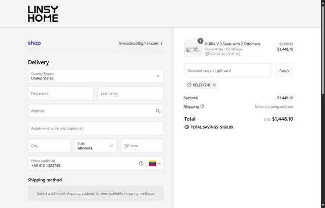 LINSY HOME checkout page showing LINSY HOME discount code box | Screenshot taken by SimplyCodes community member on Sep 4, 2025