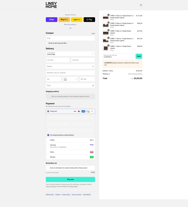 LINSY HOME checkout page showing LINSY HOME discount code box | Screenshot taken by SimplyCodes community member on Aug 30, 2025