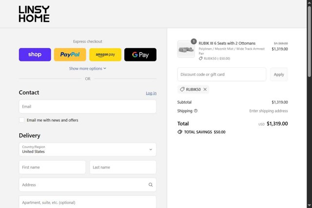 LINSY HOME checkout page showing LINSY HOME discount code box | Screenshot taken by SimplyCodes community member on Sep 3, 2025