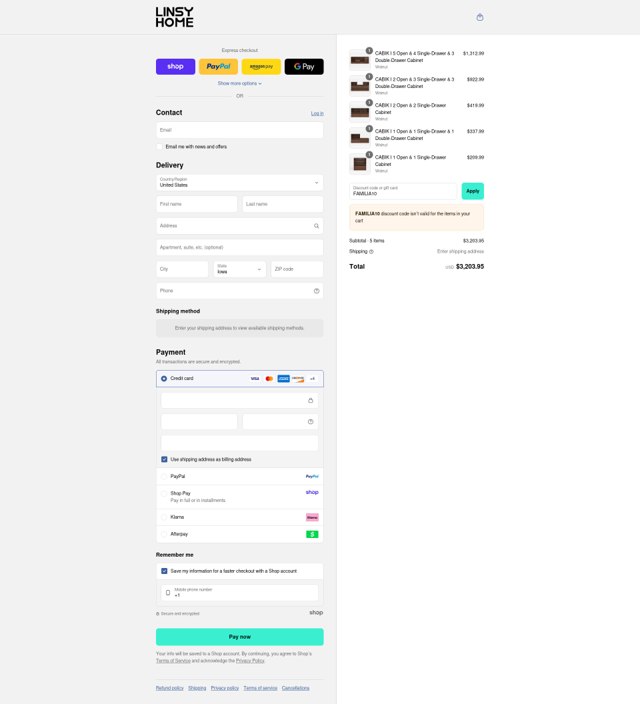 LINSY HOME checkout page showing LINSY HOME discount code box | Screenshot taken by SimplyCodes community member on Aug 30, 2025