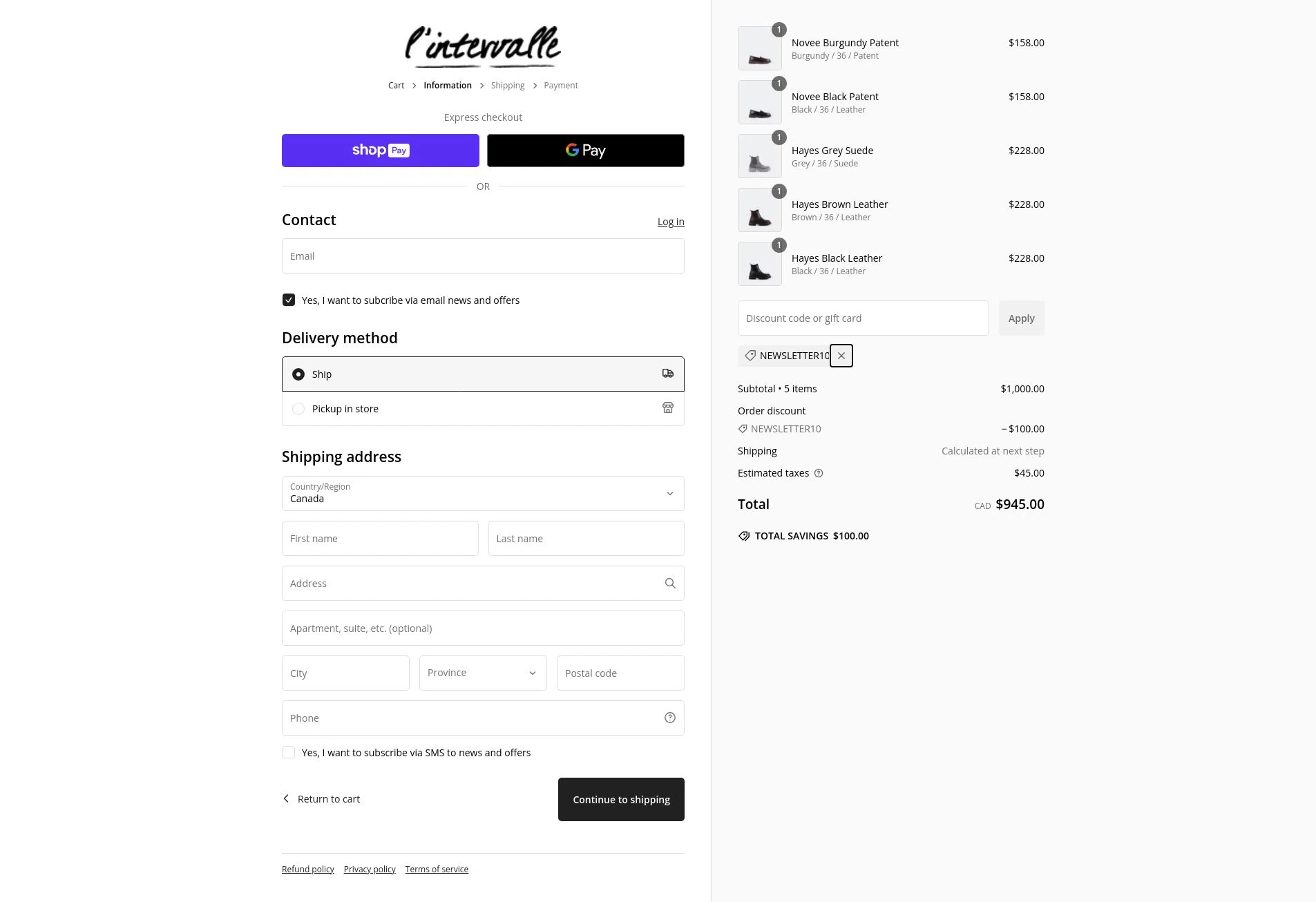 L'Intervalle checkout page showing L'Intervalle promo code box | Screenshot taken by SimplyCodes community member on Jan 29, 2025