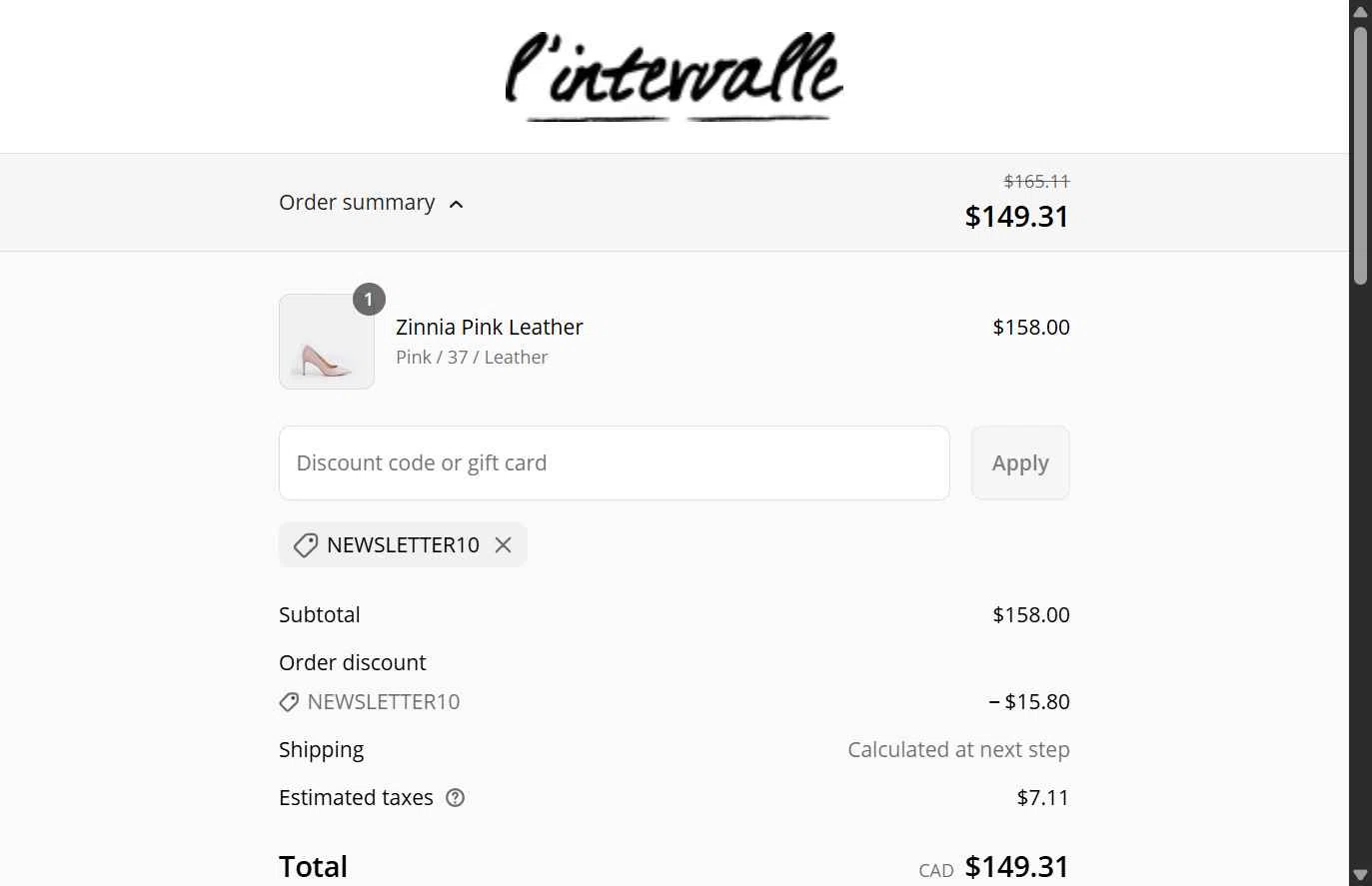 L'Intervalle checkout page showing L'Intervalle promo code box | Screenshot taken by SimplyCodes community member on May 17, 2025