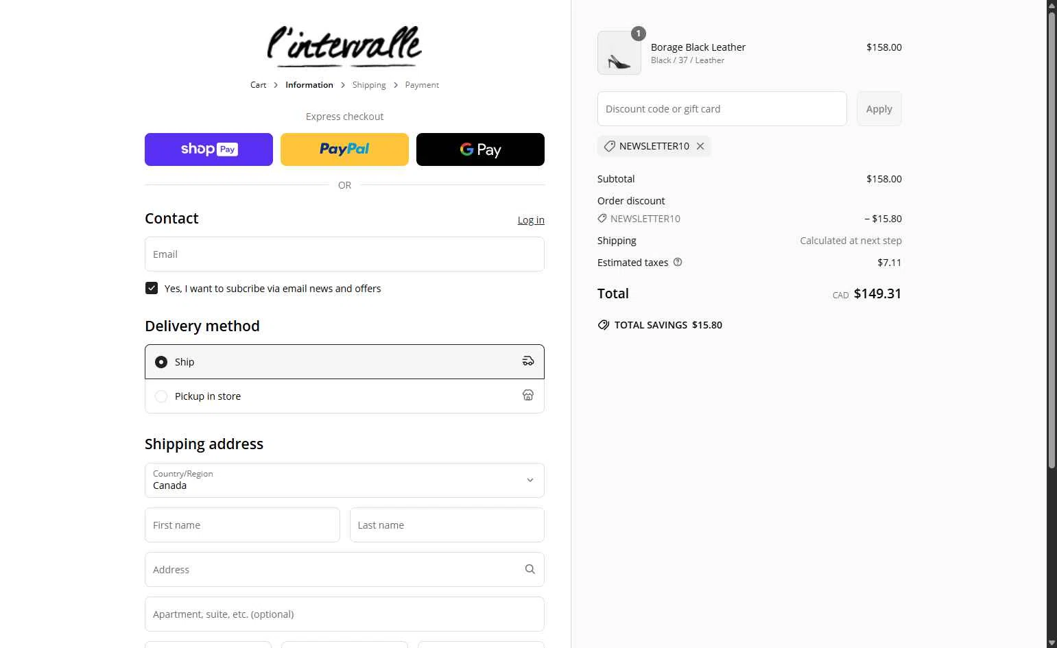 L'Intervalle checkout page showing L'Intervalle promo code box | Screenshot taken by SimplyCodes community member on May 17, 2025