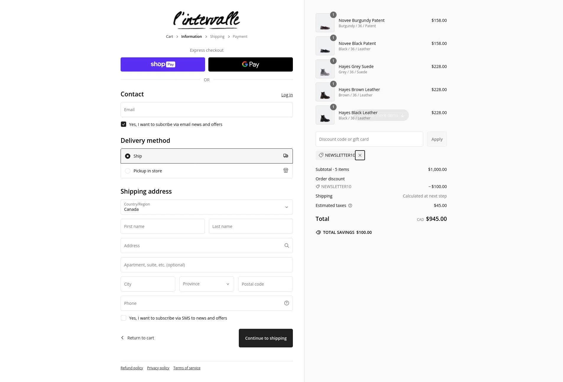 L'Intervalle checkout page showing L'Intervalle promo code box | Screenshot taken by SimplyCodes community member on Feb 11, 2025