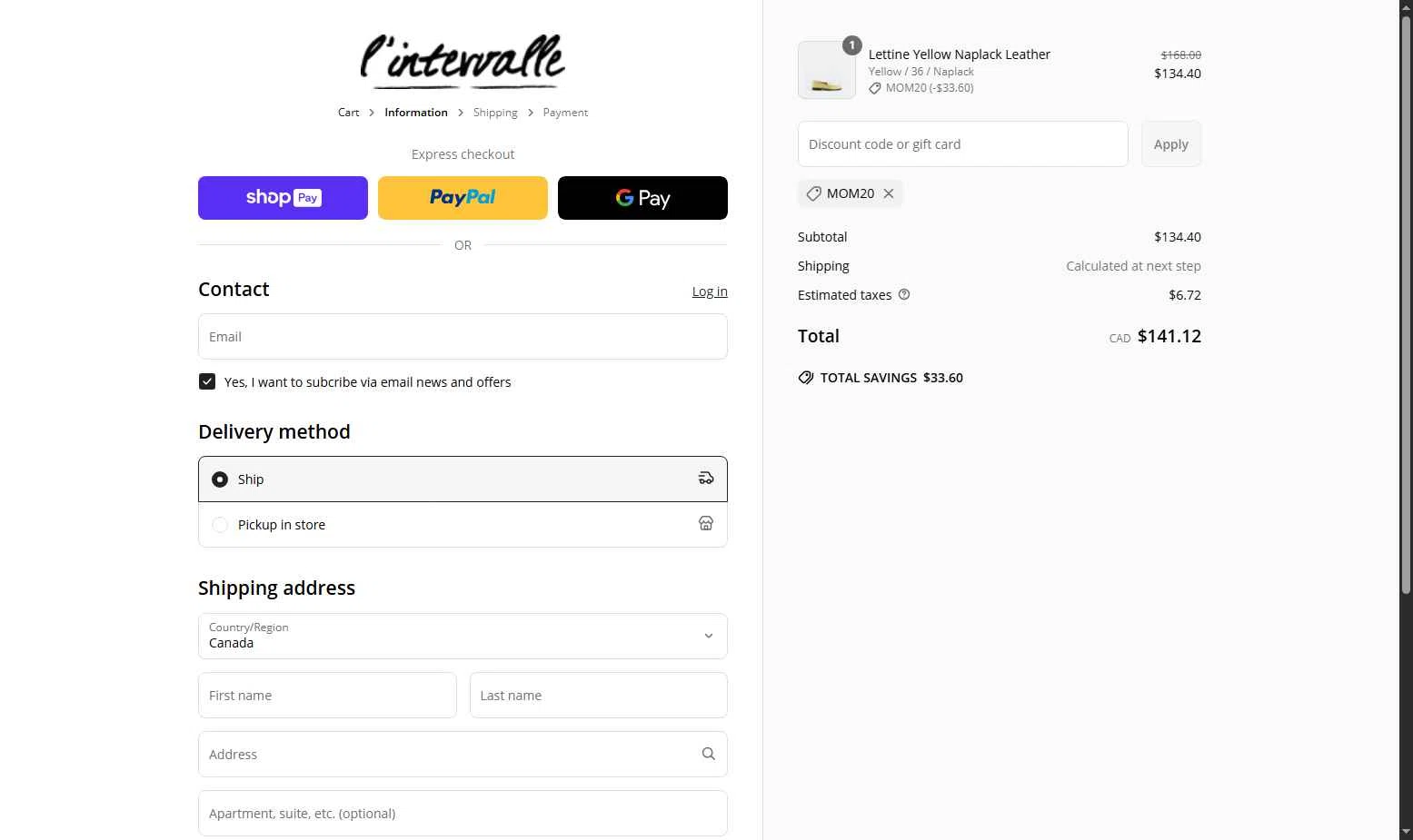 L'Intervalle checkout page showing L'Intervalle promo code box | Screenshot taken by SimplyCodes community member on May 9, 2025