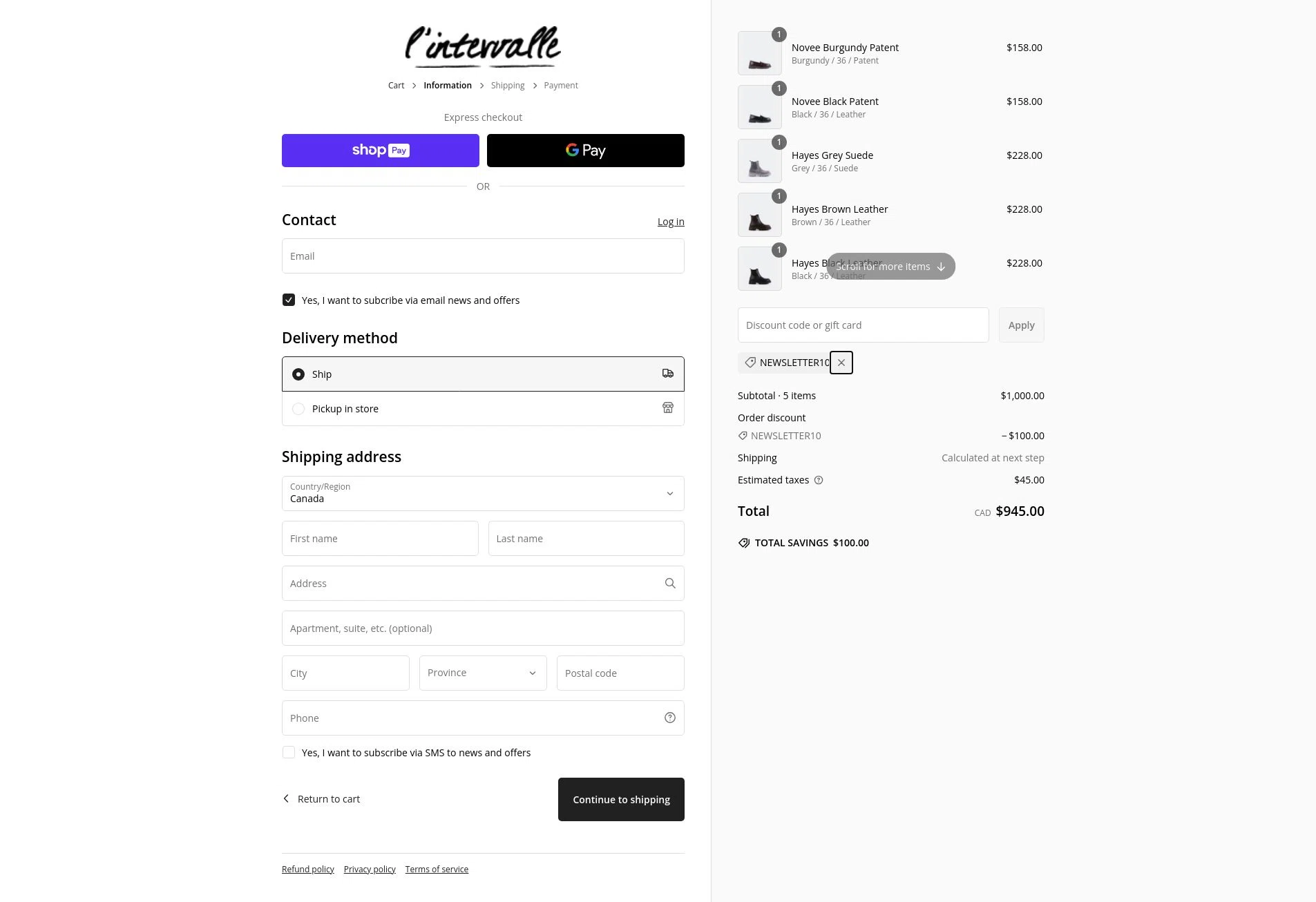 L'Intervalle checkout page showing L'Intervalle promo code box | Screenshot taken by SimplyCodes community member on Feb 7, 2025