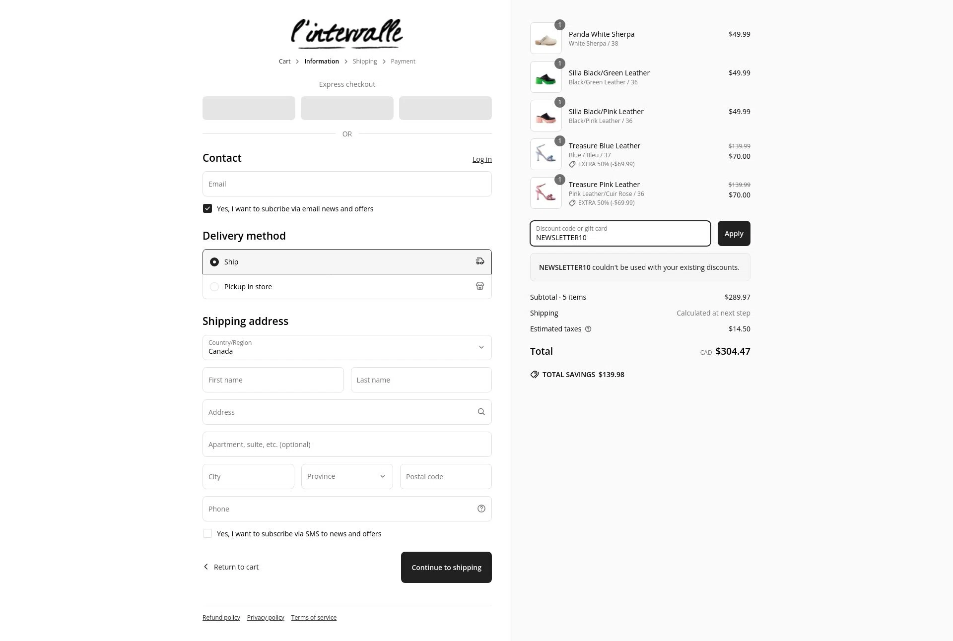 L'Intervalle checkout page showing L'Intervalle promo code box | Screenshot taken by SimplyCodes community member on Apr 18, 2025
