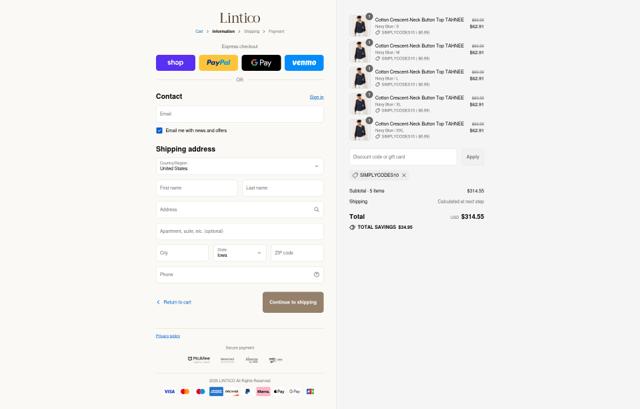 LINTICO checkout page showing LINTICO discount code box | Screenshot taken by SimplyCodes community member on Sep 15, 2025