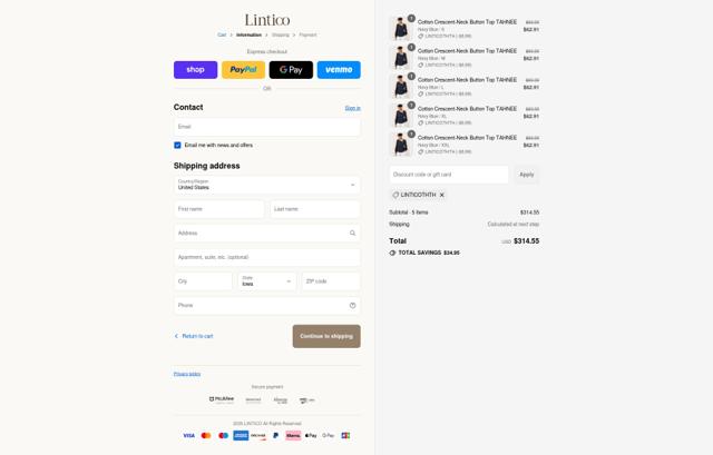 LINTICO checkout page showing LINTICO discount code box | Screenshot taken by SimplyCodes community member on Sep 15, 2025