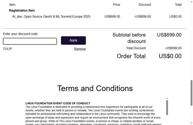 Linux Foundation checkout page showing Linux Foundation coupon code box | Screenshot taken by SimplyCodes community member on Aug 21, 2025