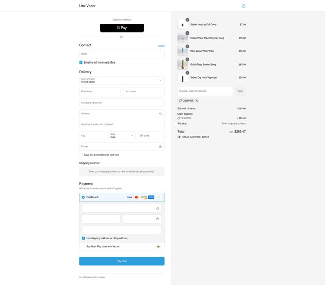 Linx Vapor checkout page showing Linx Vapor discount code box | Screenshot taken by SimplyCodes community member on Sep 2, 2025