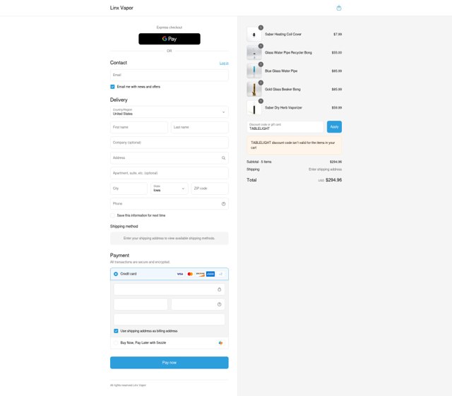Linx Vapor checkout page showing Linx Vapor discount code box | Screenshot taken by SimplyCodes community member on Sep 6, 2025