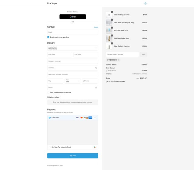 Linx Vapor checkout page showing Linx Vapor discount code box | Screenshot taken by SimplyCodes community member on Aug 29, 2025