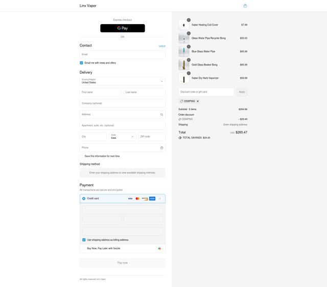 Linx Vapor checkout page showing Linx Vapor discount code box | Screenshot taken by SimplyCodes community member on Sep 6, 2025