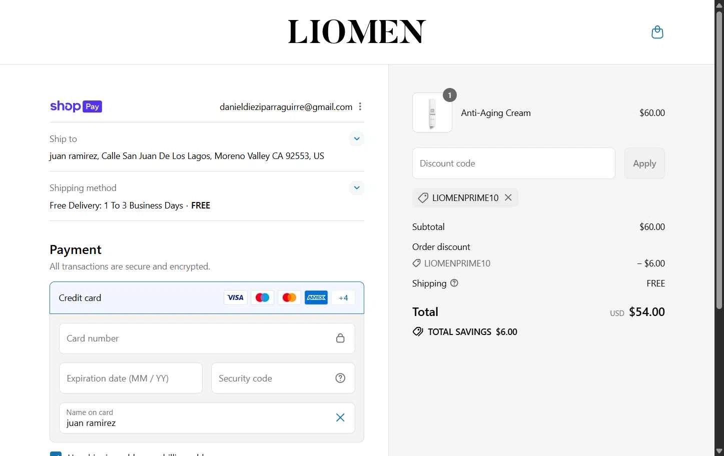 Liomen checkout page showing Liomen promo code box | Screenshot taken by SimplyCodes community member on Aug 19, 2025