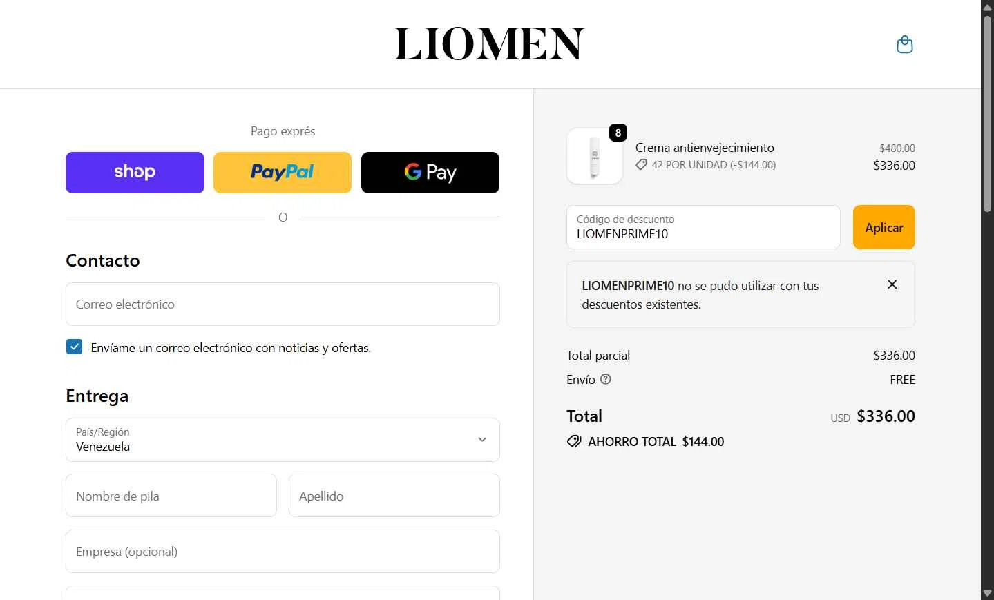 Liomen checkout page showing Liomen promo code box | Screenshot taken by SimplyCodes community member on Oct 8, 2025