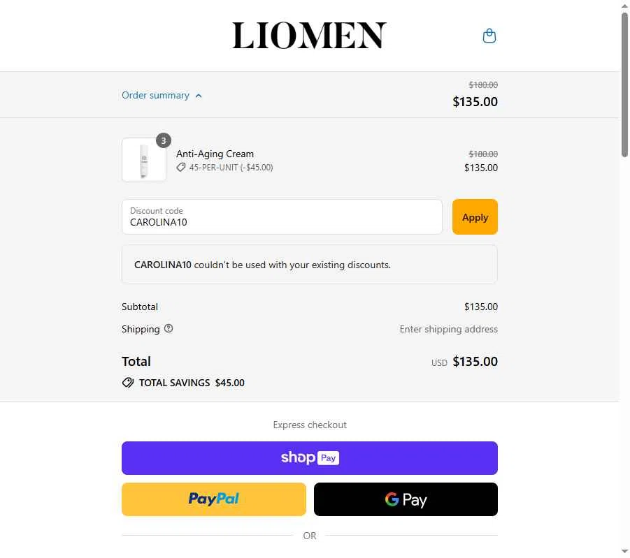 Liomen checkout page showing Liomen promo code box | Screenshot taken by SimplyCodes community member on Aug 19, 2025