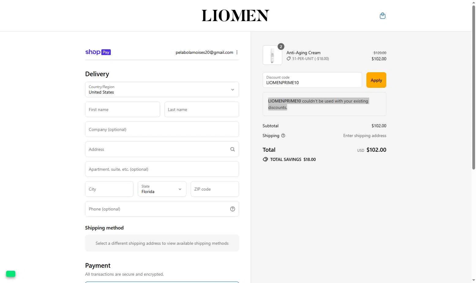 Liomen checkout page showing Liomen promo code box | Screenshot taken by SimplyCodes community member on Aug 8, 2025