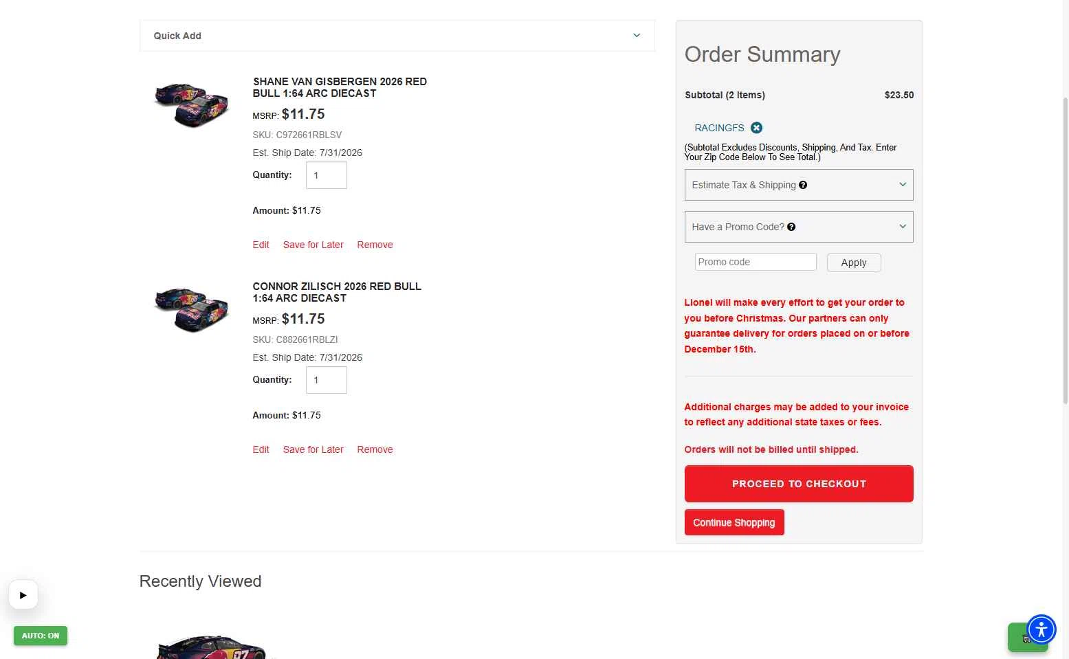 Lionel Racing checkout page showing Lionel Racing promo code box | Screenshot taken by SimplyCodes community member on Jan 13, 2026