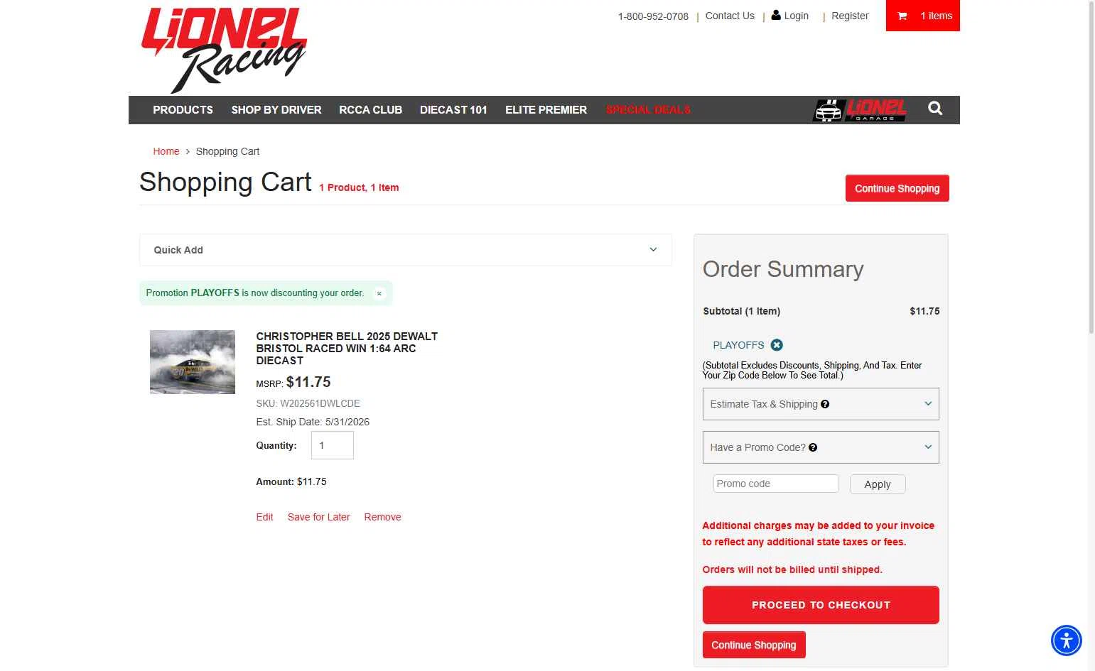 Lionel Racing checkout page showing Lionel Racing promo code box | Screenshot taken by SimplyCodes community member on Nov 2, 2025