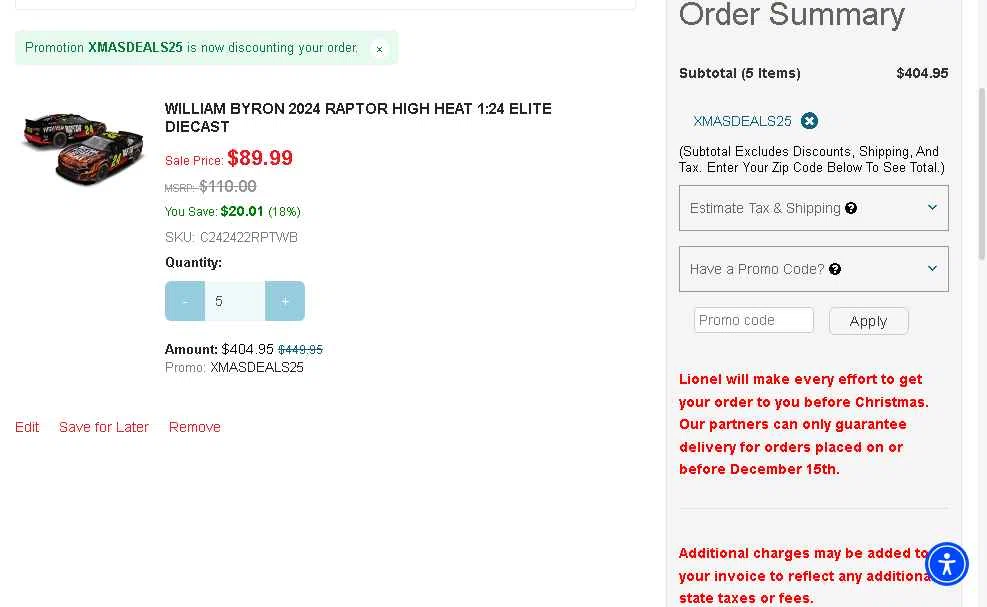Lionel Racing checkout page showing Lionel Racing promo code box | Screenshot taken by SimplyCodes community member on Dec 11, 2025